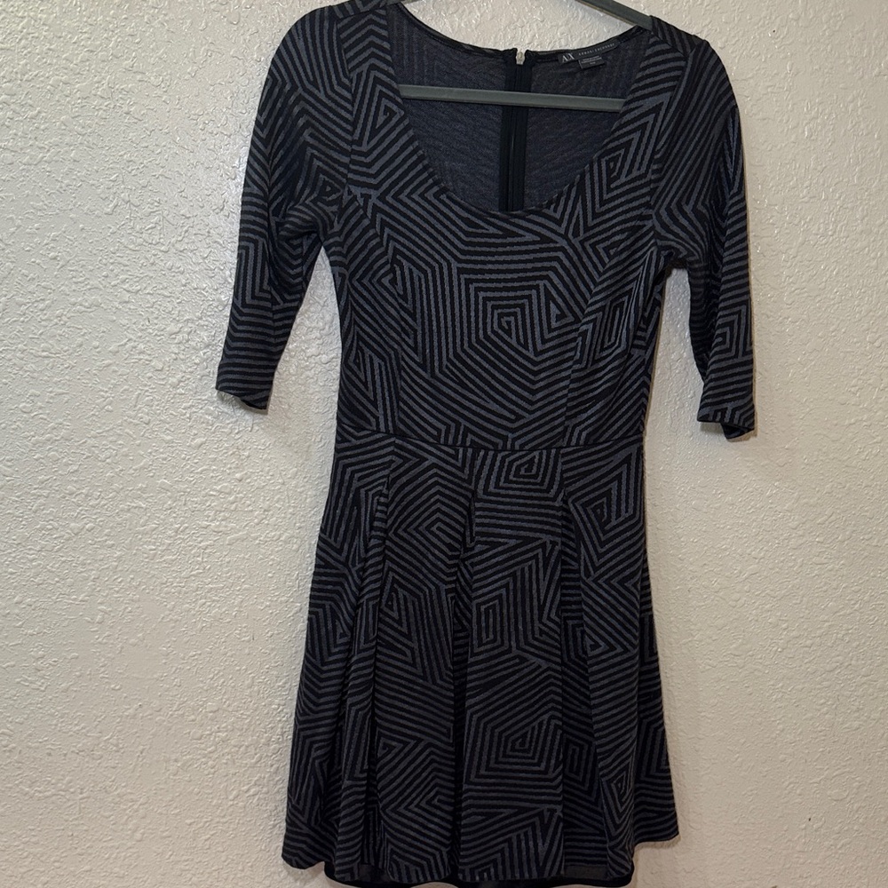 Armani Exchange Black & Gray Geometric Long-Sleeve Fit-and-Flare Dress